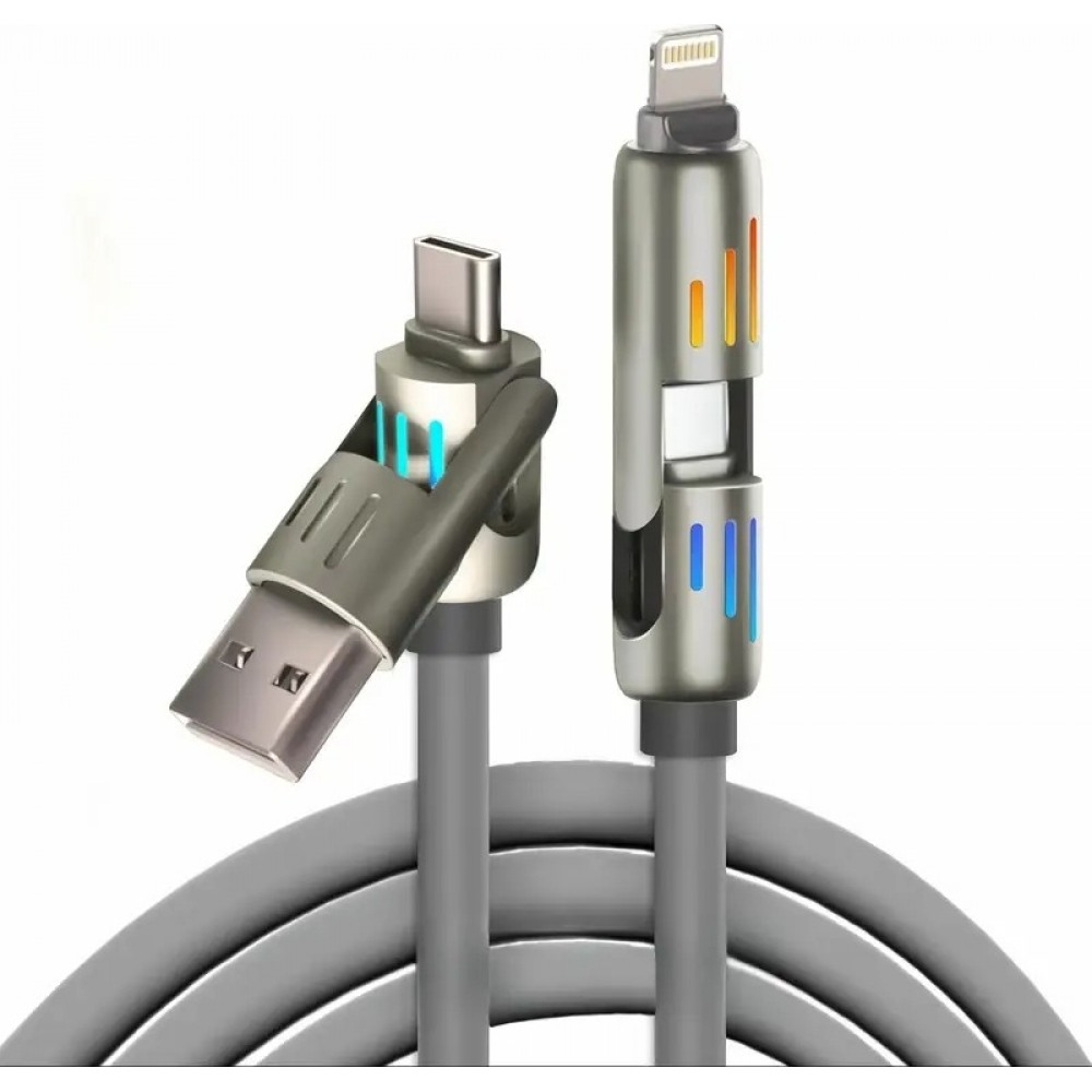 Câble USB 4-en-1 charge rapide 30W | USB-C vers USB silicone anti-nœuds LED RVB compatibilité multi-appareils et durable (2 m) - Gris